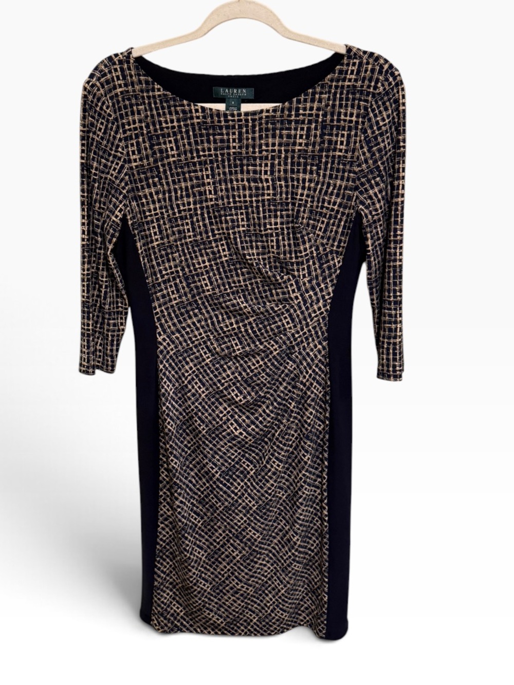 NWOT Lauren Ralph Lauren Navy Tan Print Ruched Sheath Dress 3/4 Sleeve Size 8